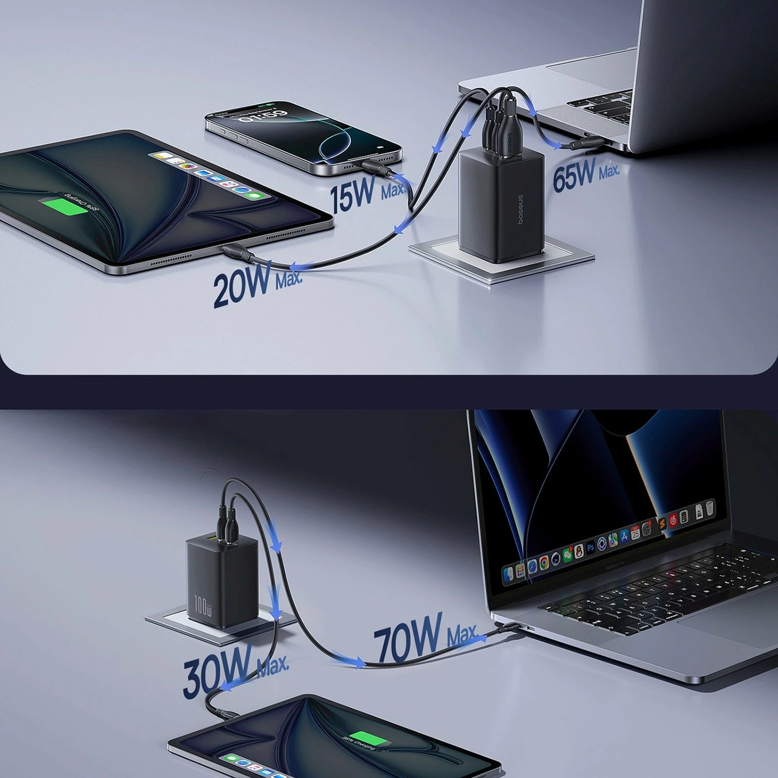 Karikues rrjeti Baseus EnerFill FE11 GaN 100W 2x USB-C + 1x USB-A, i zi