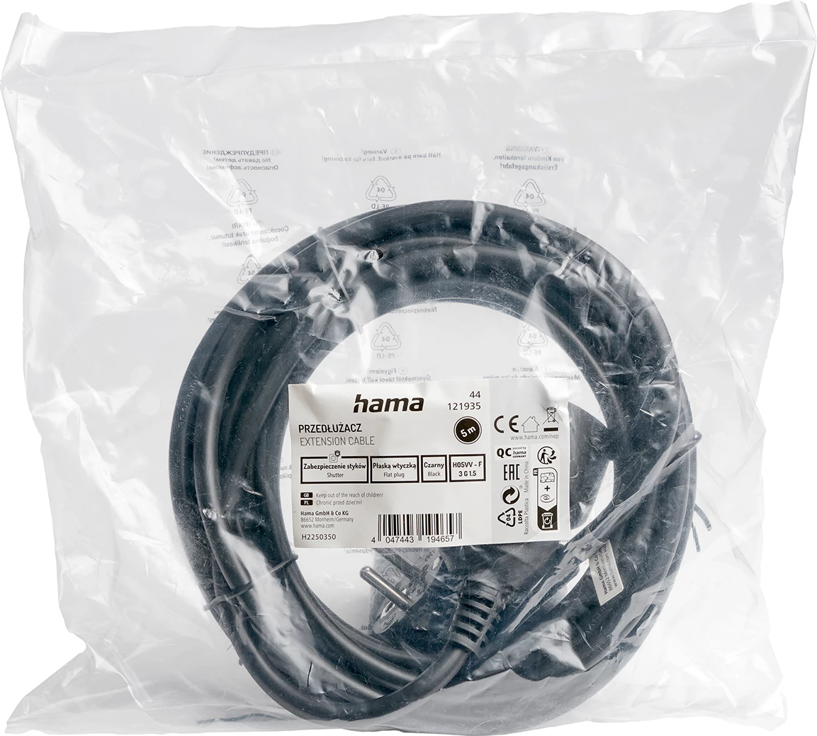 Zgjatues Hama Standard, 5m, plastikë, prizë EU, i zi