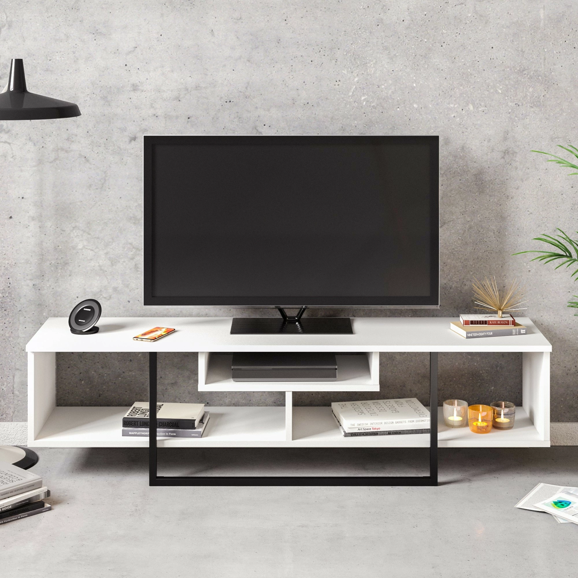 Komodë TV Skye Decor, e bardhë dhe e zezë, 150cm