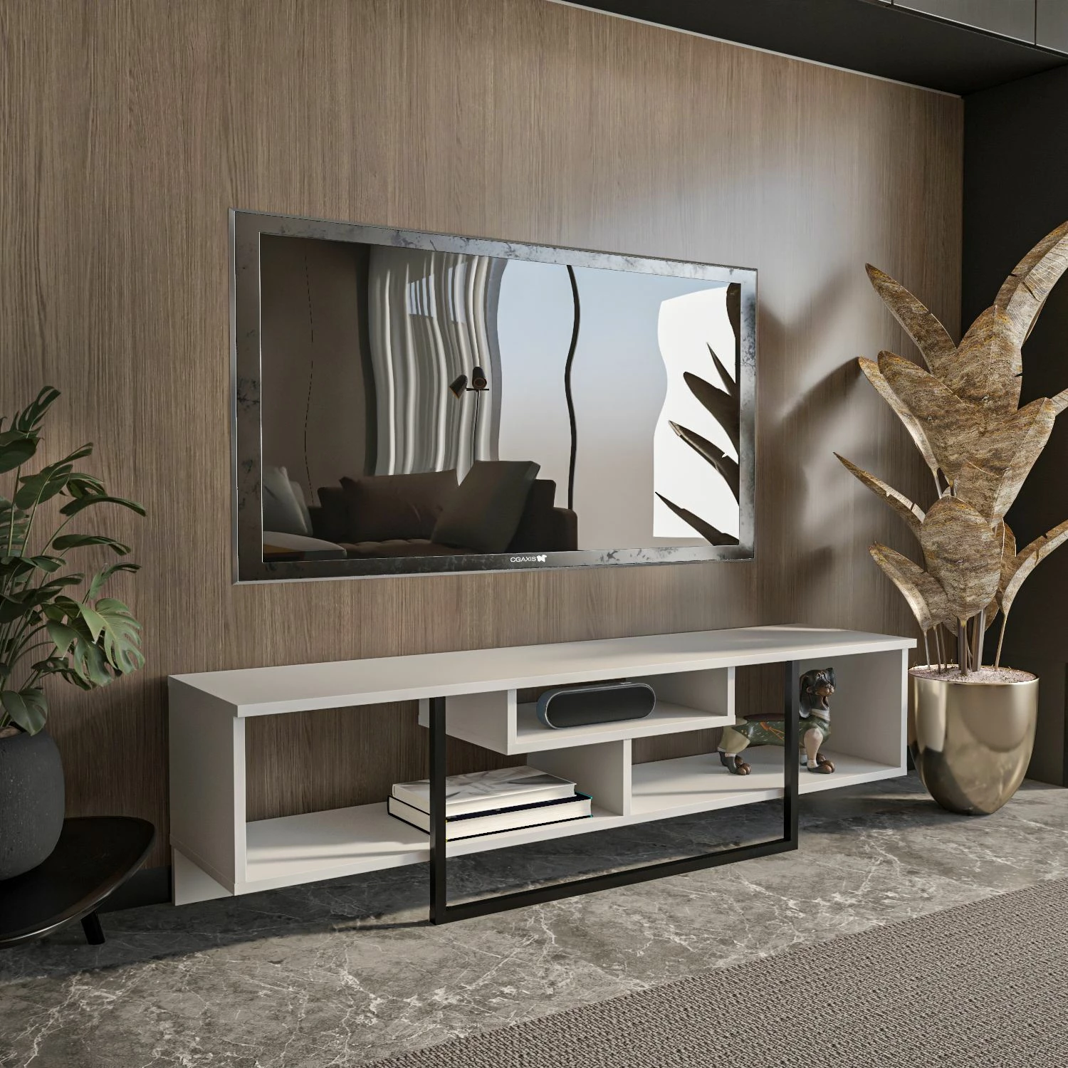 Komodë TV Skye Decor, e bardhë dhe e zezë, 150cm