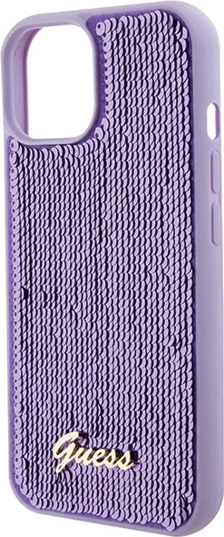 Mbështjellës Guess Sequin Script Metal për iPhone 15, vjollcë