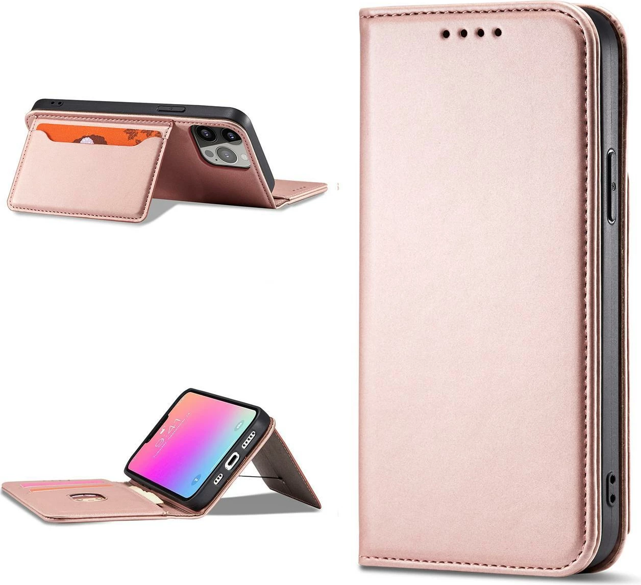 Mbështjellës Hurtel Magnet Card Case për iPhone 14, flip cover, portofol, rozë