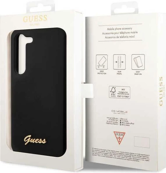 Mbështjellës Guess GUHCS23SSLSMK për Samsung Galaxy S23, silikon, Vintage Gold Logo, zi