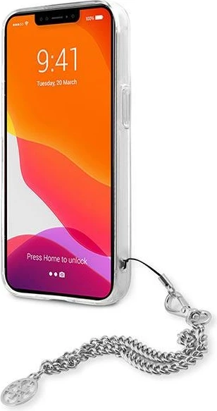 Mbështjellës Guess Peony Chain për iPhone 13 mini 5.4", argjendtë