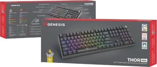 Tastierë mekanike Genesis Thor 404, Gateron Yellow Pro, RGB, full-size, e zezë