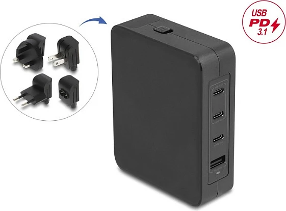 Karikues GaN DeLOCK 145W, 3x USB-C PD 3.1 + 1x USB-A, i zi