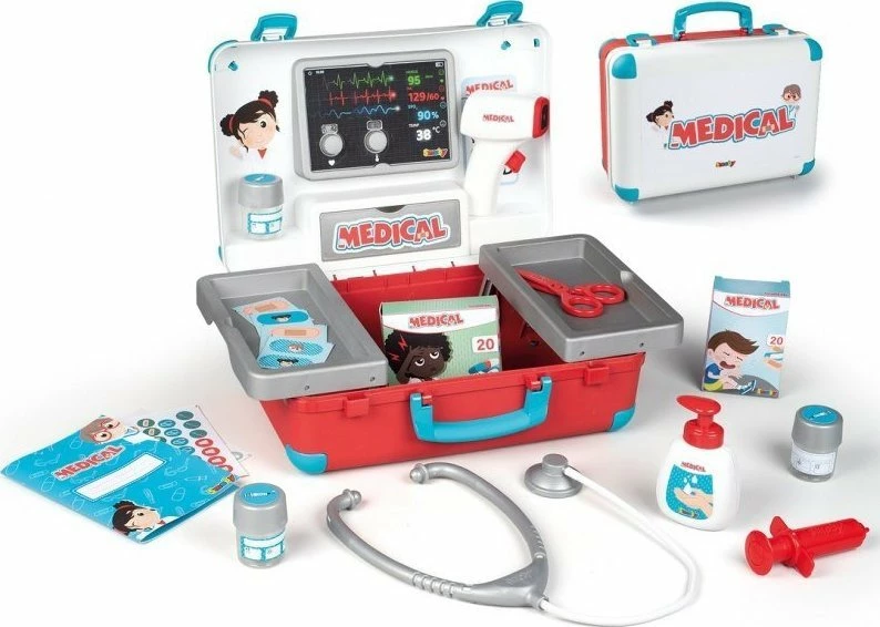 Çantë mjeku lodër Smoby Medical, set 12 pjesë, e kuqe/bardhë/bojëqielli