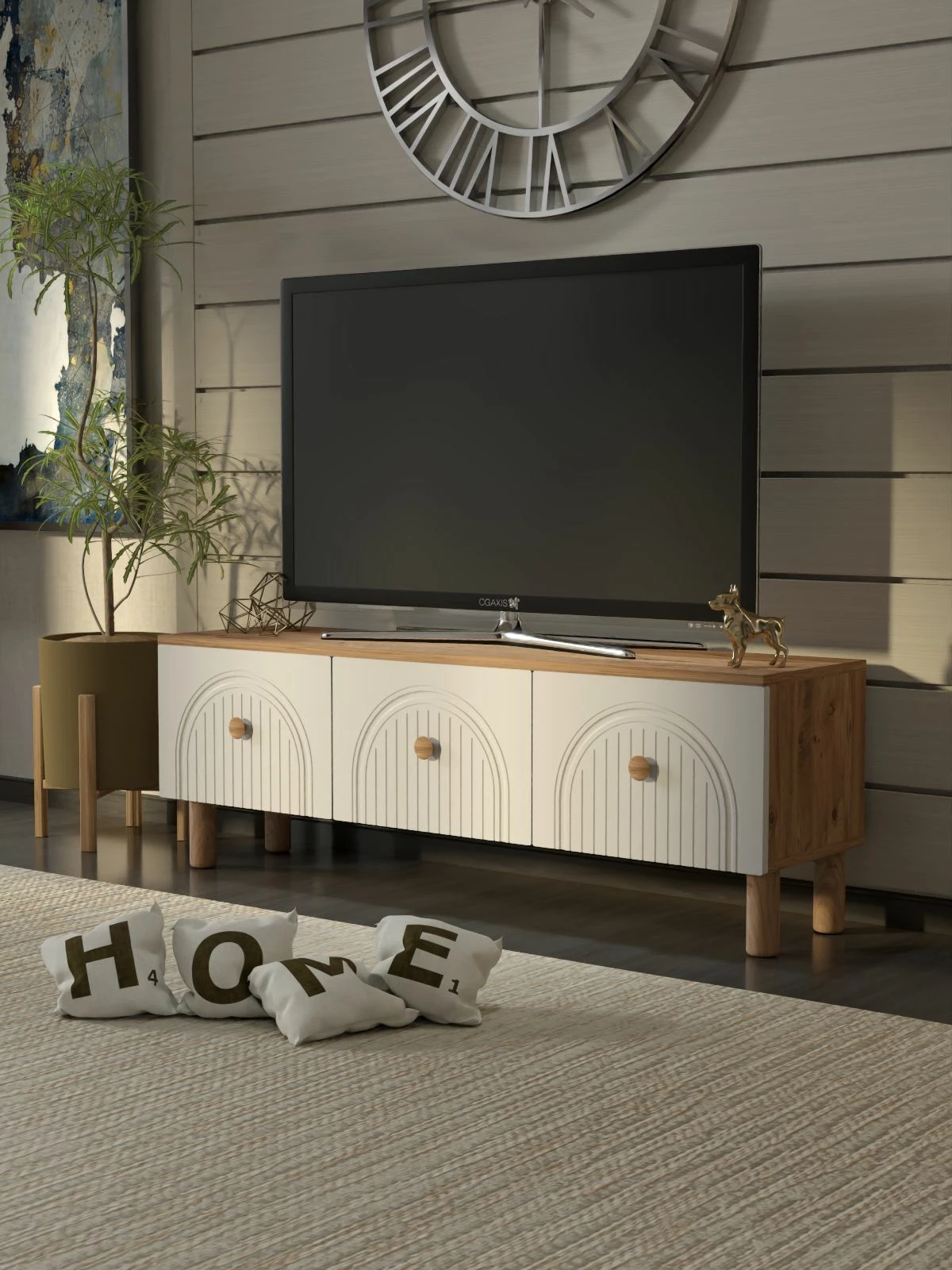Komodë TV Skye Decor, Bellora 135, ngjyrë pishë Atlantike dhe e bardhë
