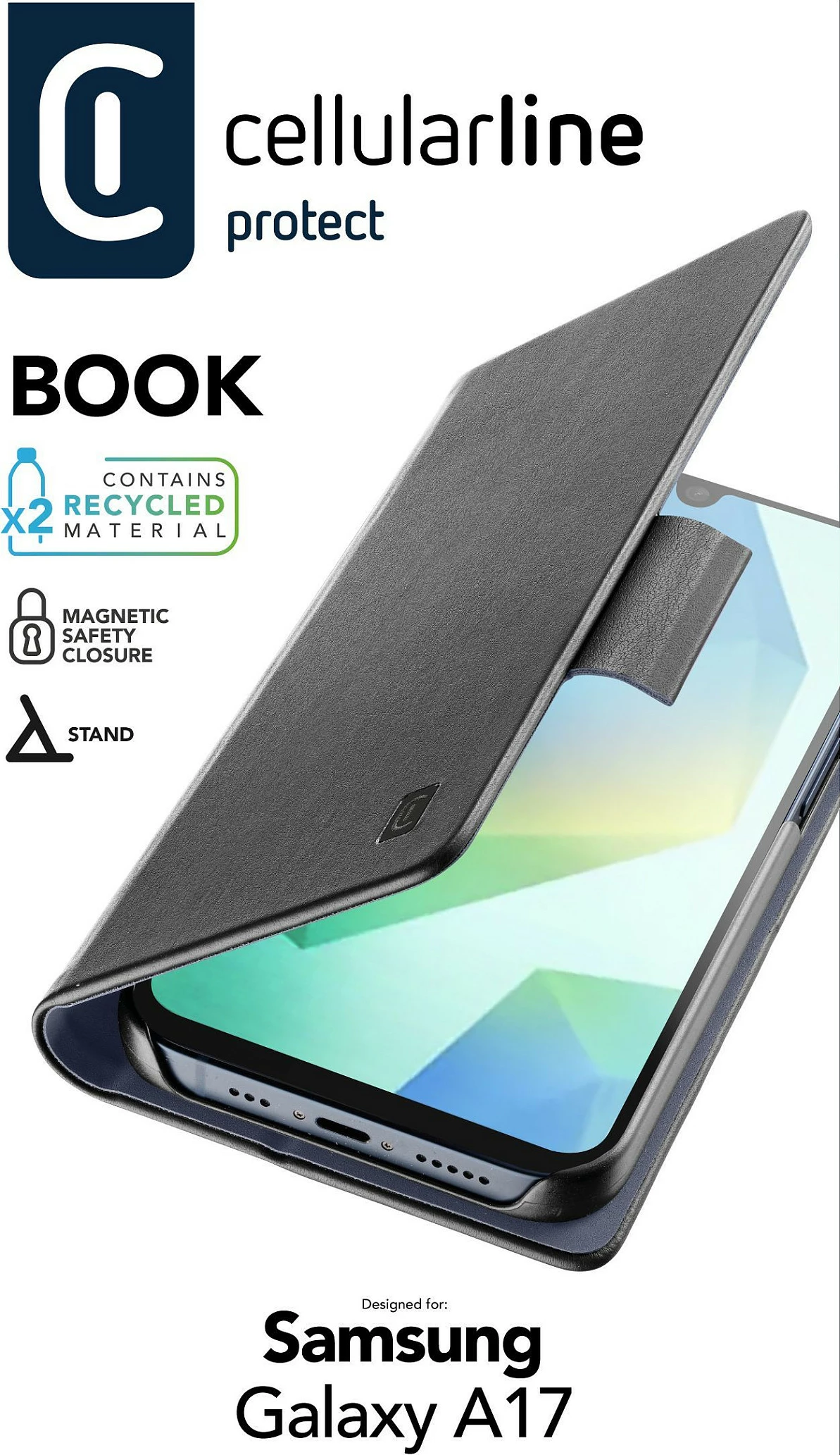 Mbështjellës Cellularline Book Case për Samsung Galaxy A17 5G, folio me xhep karte dhe stand, i zi