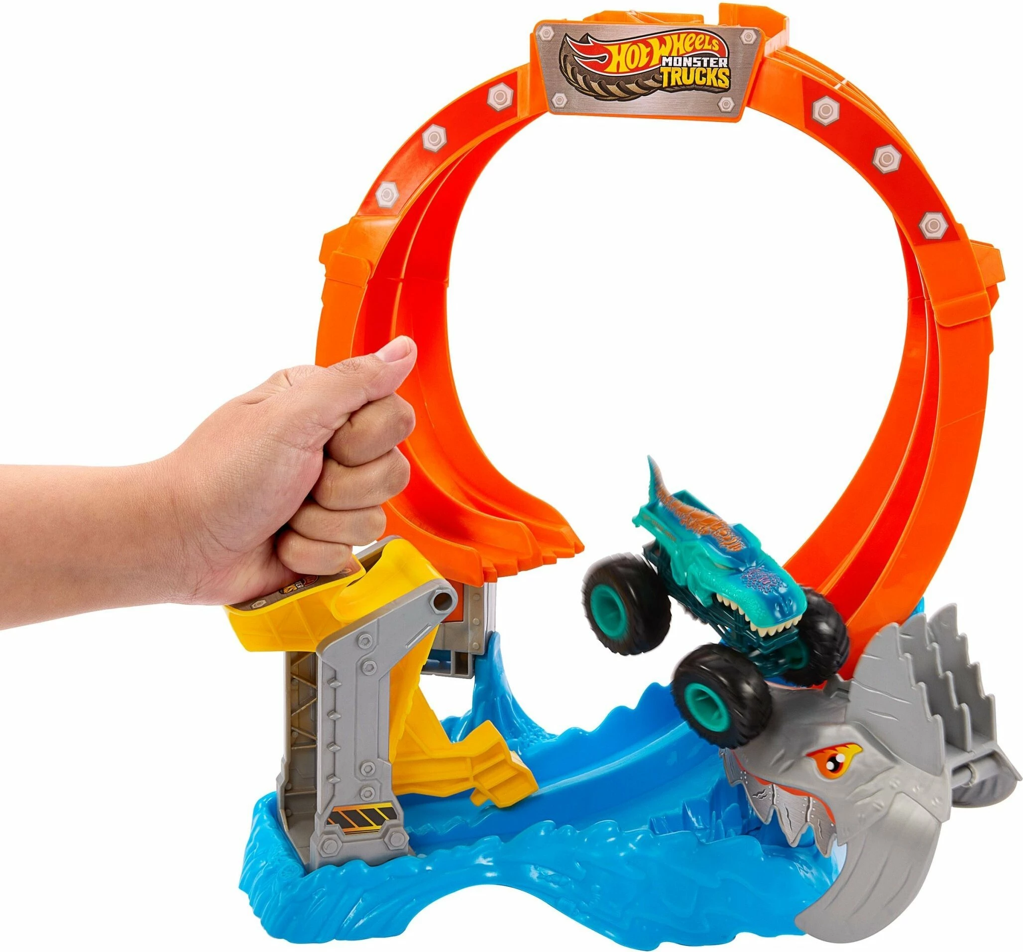Set pistë Hot Wheels Monster Trucks Shark Loop JFR08, shkallë 1:64, me 1 monster truck, shumëngjyrëshe