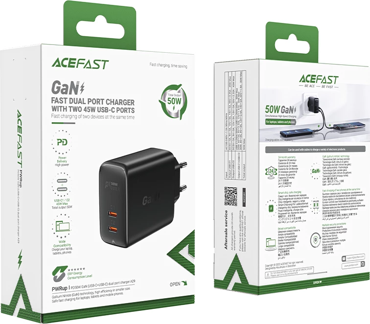 Karikues muri Acefast A29, 50W, 2x USB-C, GaN, i zi