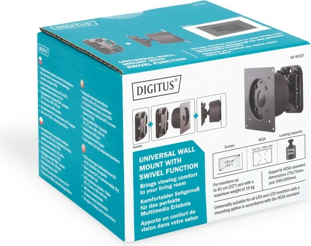 Mbajtëse muri për monitor Digitus DA-90307, 1xLCD, deri 27", 15kg, rrotullim 360°, e zezë