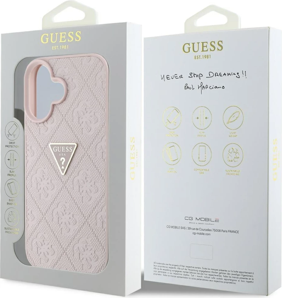 Mbështjellës Guess Hot Stamp 4G Pattern Triangle Metal Logo për iPhone 16, Rozë