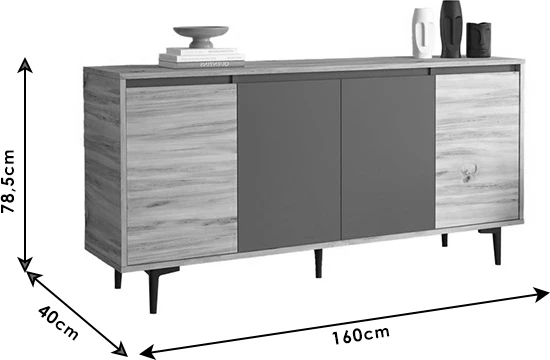 Bufe Augusta, ngjyrë lisi-antracit, 160x40x78.5cm