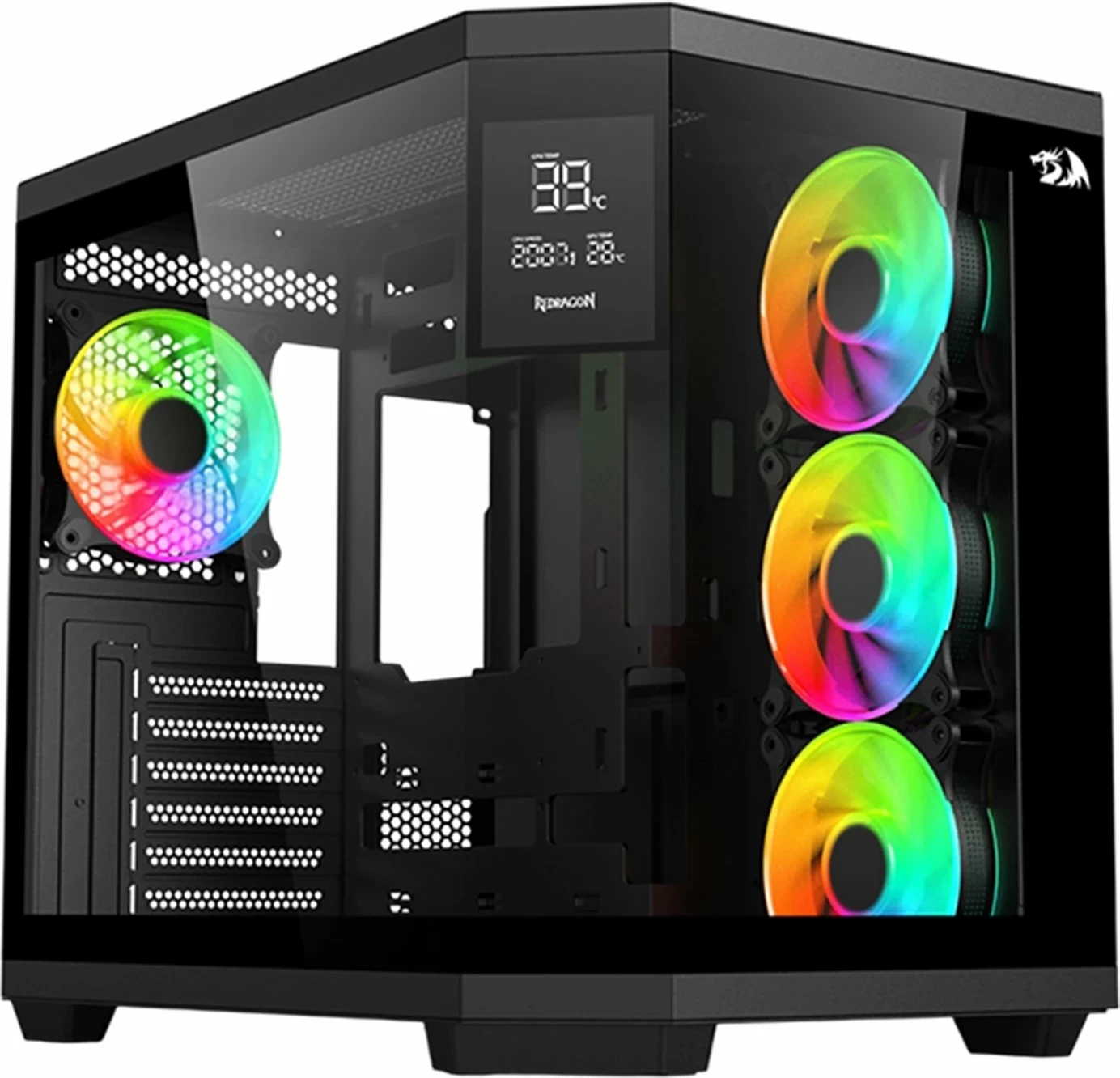 Kasë Redragon GC-625-PRO Vision ARGB, Midi Tower ATX/µATX/ITX, LCD ekran, 4 ventilatorë ARGB, pa PSU, e zezë