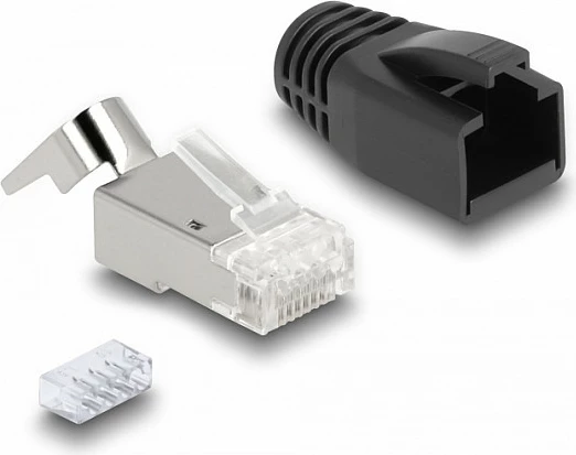 Konektor RJ45 DeLOCK 66903, Cat6A/Cat7, set 25 copë, S/FTP, me strain relief, zezë/metalike