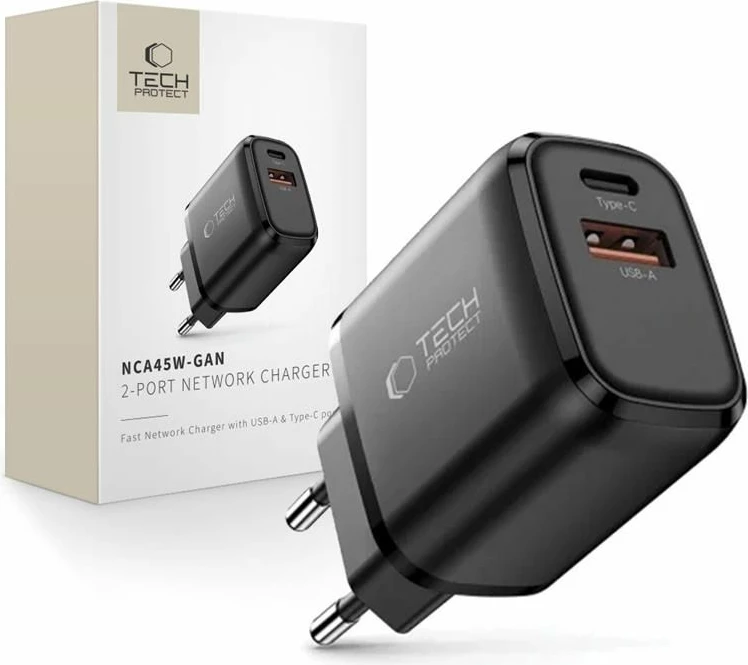 Karikues muri Tech-Protect NCA45W-GAN 45W GaN, 2 porta USB-C/USB-A i zi, 1 copë