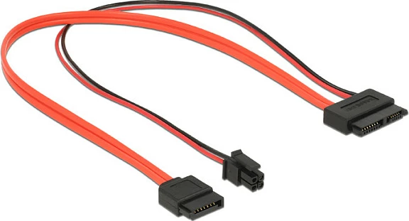 Kabllo adapter SATA III DeLOCK 0.3m, SATA 7-pin + Molex 4-pin në Slim SATA 13-pin, 6 Gbit/s, zi/kuqe