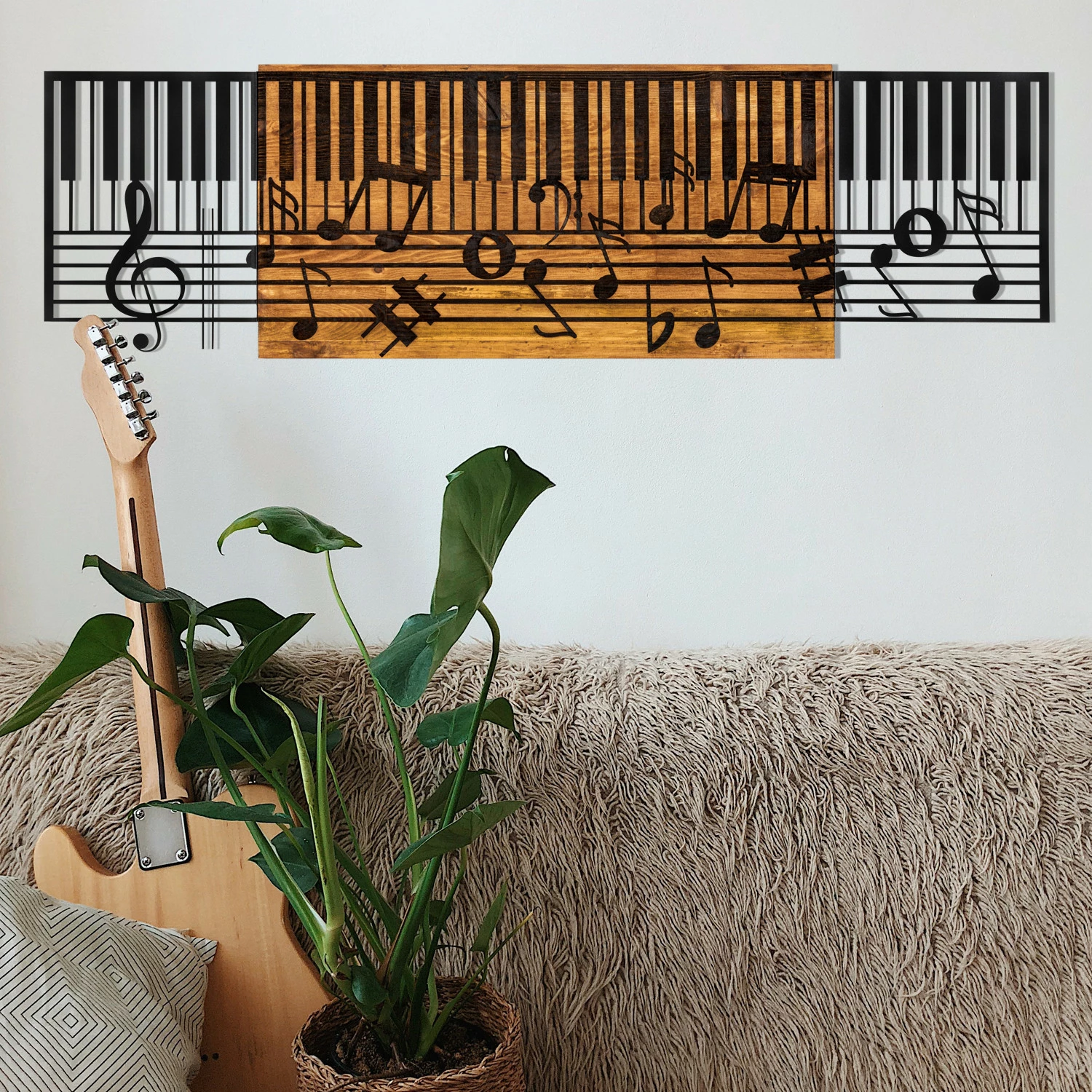 Aksesor dekorativ për mur, dru dhe metal, temë muzikore, ngjyrë e zezë dhe arre, Wallity Arya, 100x30cm