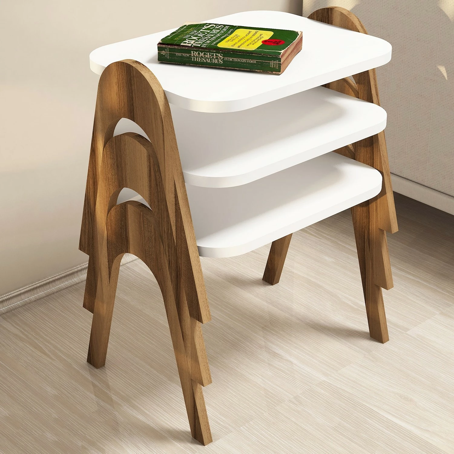 Set tavolinash ndihmëse (3 copë), Skye Decor, Paris, ngjyrë arre dhe e bardhë
