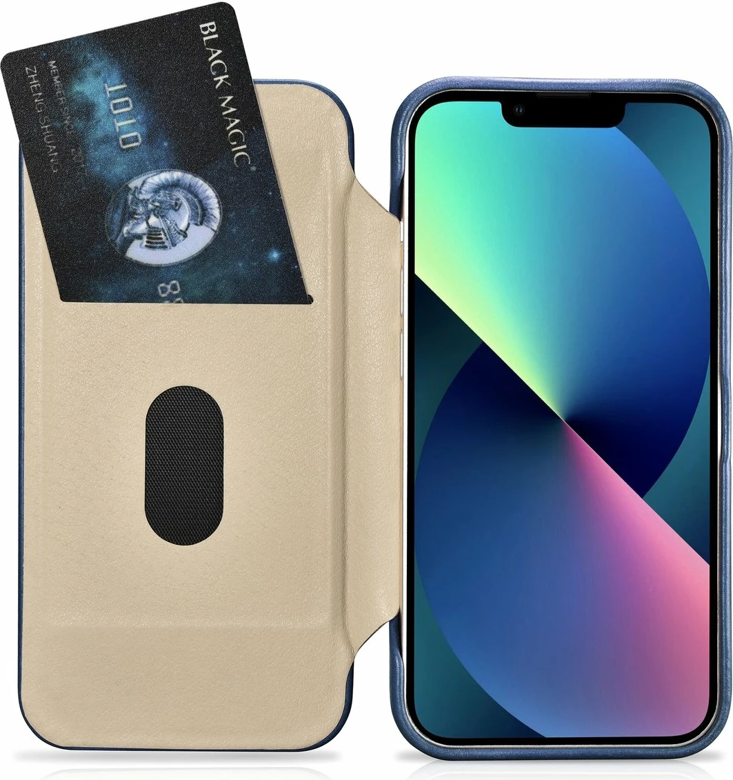 Mbështjellës iCarer Oil Wax Premium Leather Folio për iPhone 14 Plus, MagSafe, kaltër