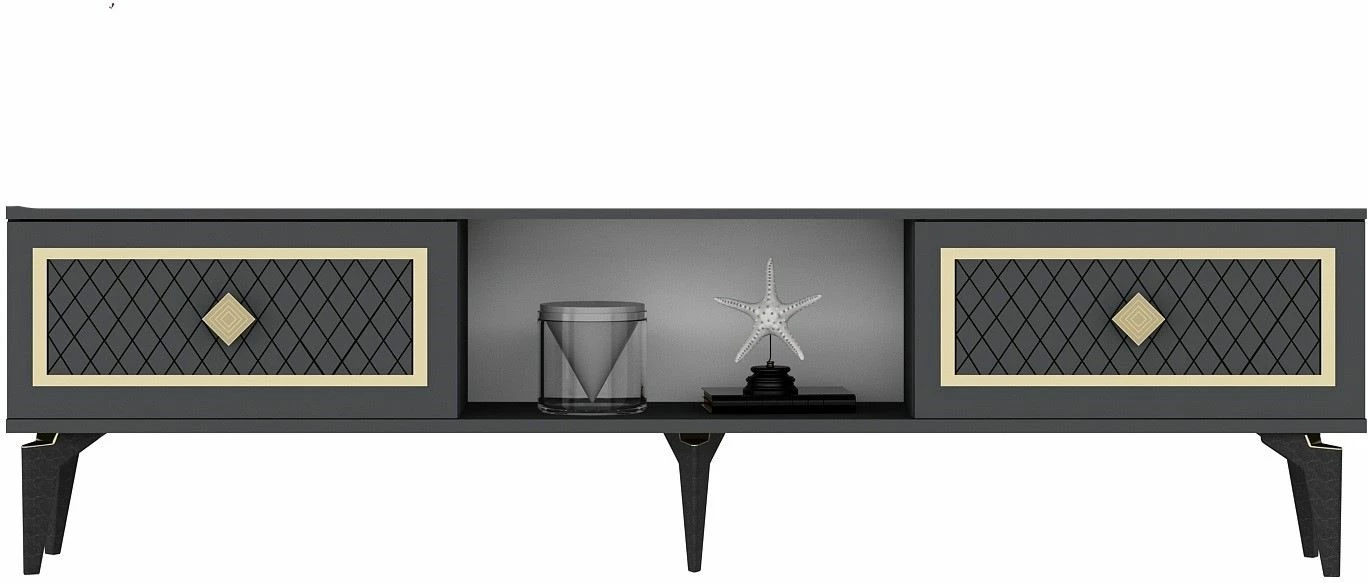 Komodë TV Skye Decor, ngjyrë antracit, detaje ari