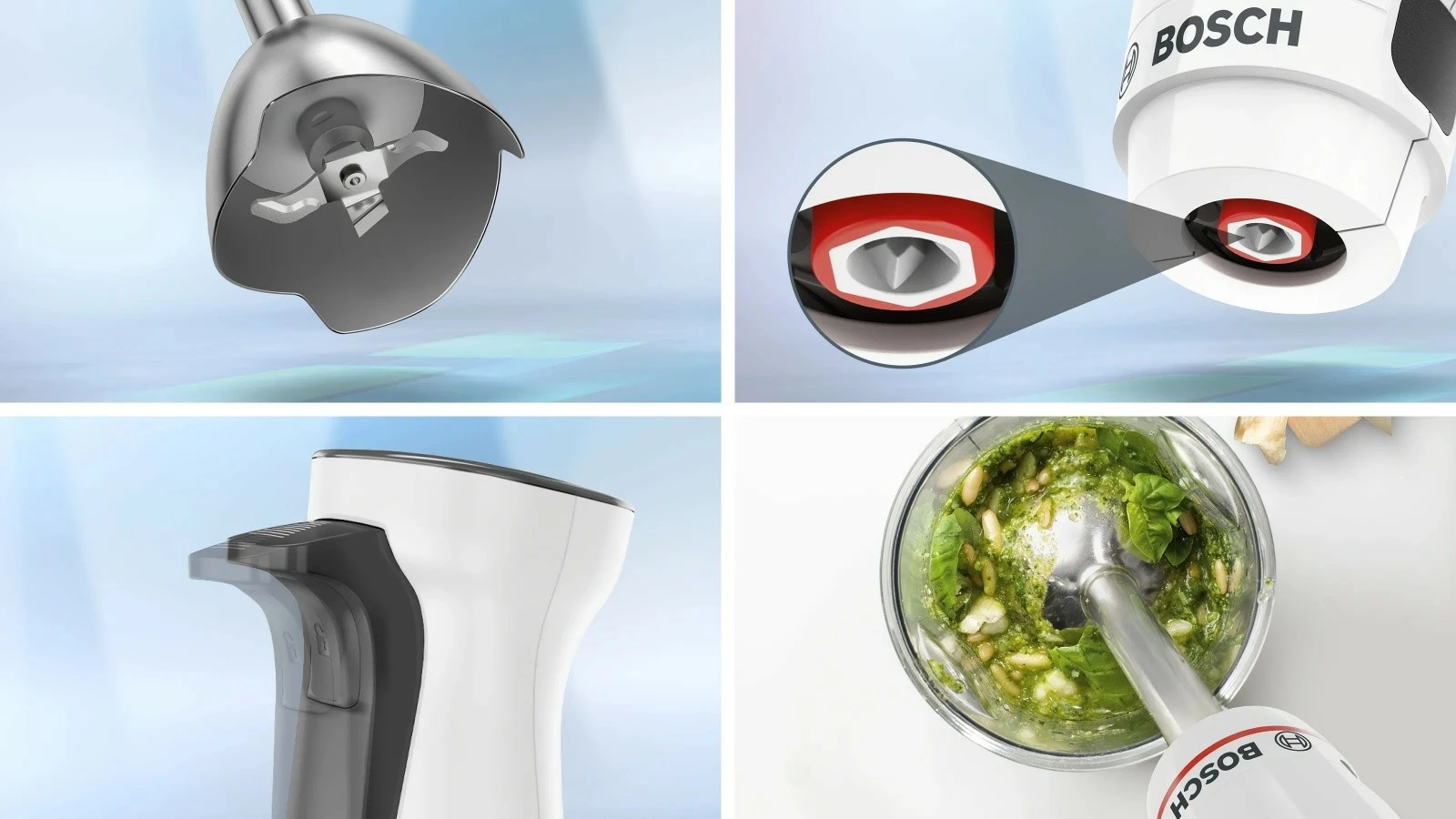 Blender dore, Bosch, MSM4W220, 600 W, rregullim i pandërprerë i shpejtësisë, gotë 0.6 L, trup çelik inox, e bardhë, set me grirës dhe gotë