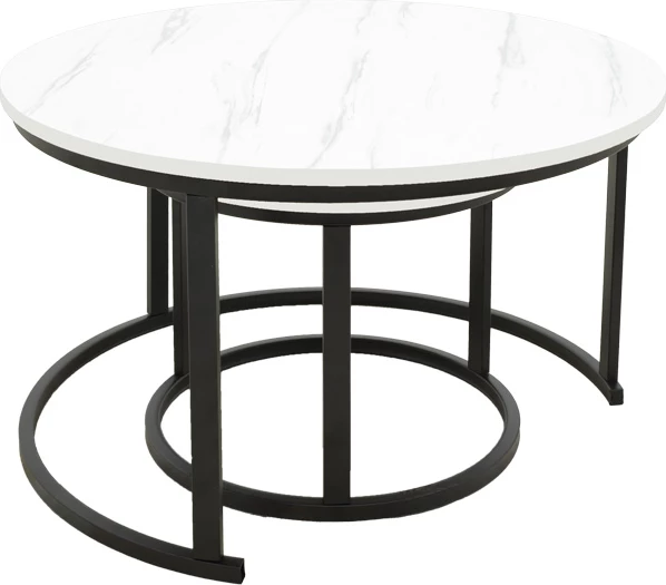 Set tavolinash kafeje Revelon, pamje mermeri të bardhë, këmbë të zeza, 80x80x45cm