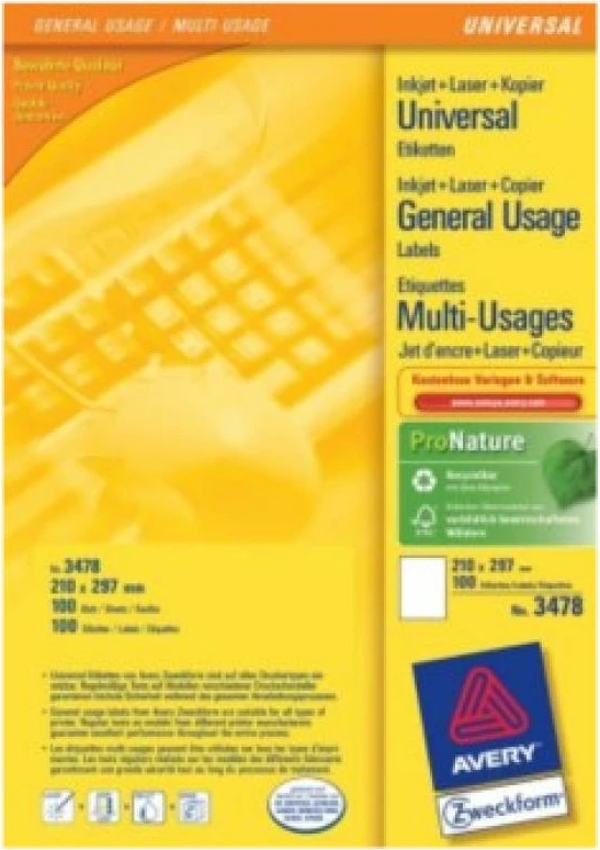 Etiketa vetëngjitëse, Avery Zweckform, 3478, A4 210 x 297 mm, 100 fletë, të bardha