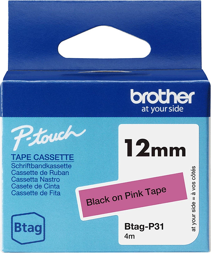 Kasetë shirit etikete Brother Btag-P31, 12 mm x 4 m, për P-touch PT-N10/PT-N20/PT-N25BT, zi në rozë
