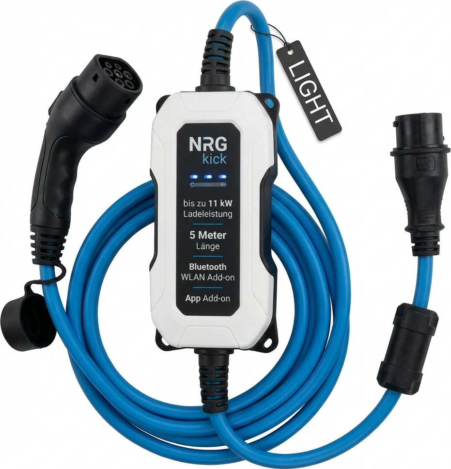 Karikues portativ për veturë elektrike NRGkick 16A Light Pure, 5m, deri 11 kW, blu/bardhë