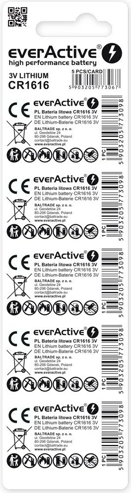 Bateri litium everActive CR1616, 3V, set 5 copë