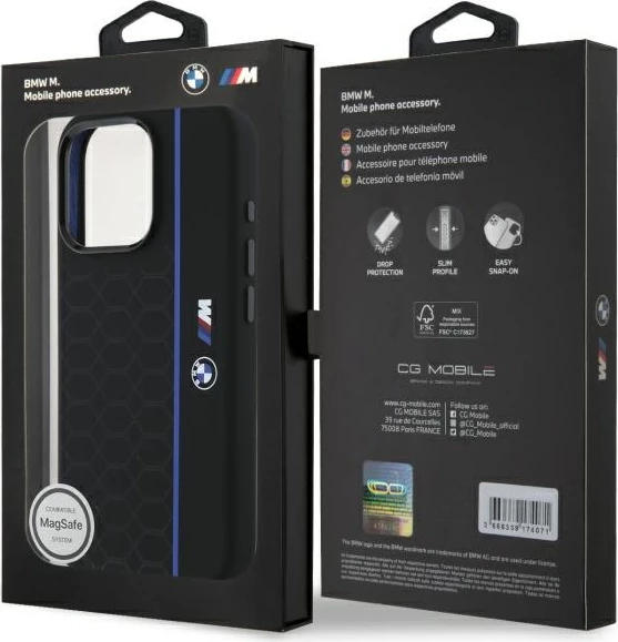 Mbështjellës BMW Silicone Hexagon Blue Line MagSafe për iPhone 16 Pro, i zi