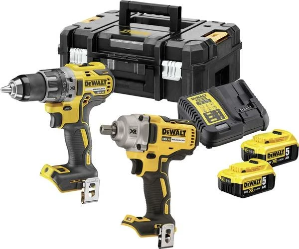 Set shpuese/vidhosëse + çelës impakti me bateri, Dewalt DCD791 + DCF894, 2x 5.0Ah, karikues, valixhe TSTAK, e verdhë/zezë