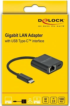 Adapter USB-C në Gigabit LAN DeLOCK me Power Delivery 60W, i zi