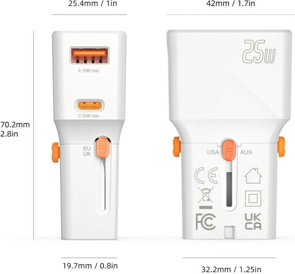 Karikues udhëtimi, 4smarts, Nomad Pocket 25W 4SM000028, 2 porta USB-C + USB-A, PD/QC 3.0, 25W, përshtatës global me priza të palosshme, bardhë