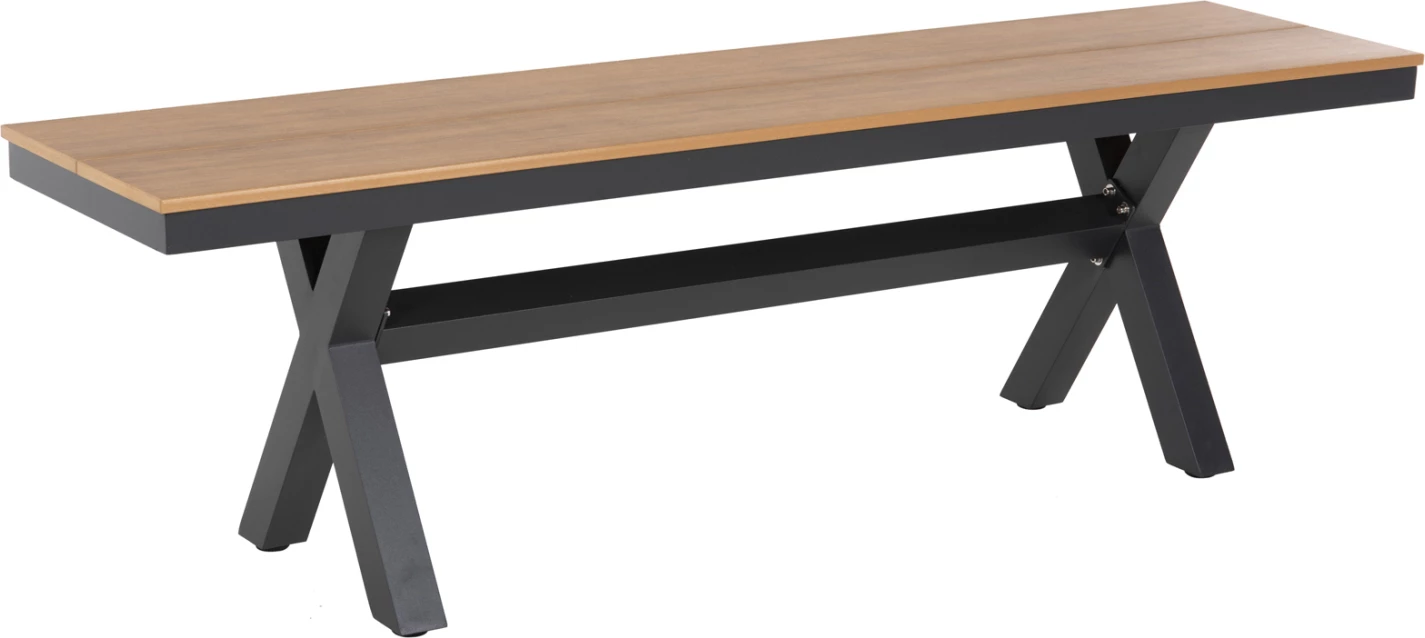 Stol alumini për jashtë, ngjyrë antracit, FH6038.01, me sipërfaqe tavoline polivudi, ngjyrë druri natyral, 150x36x45H cm