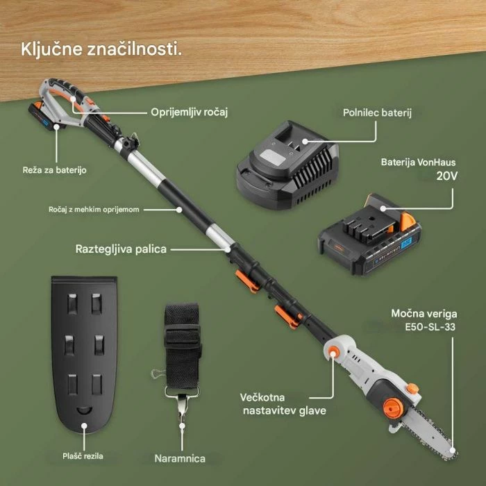 Sharrë zinxhiri me shtyllë teleskopike pa kabllo VonHaus 3519007, 20V 1.5Ah, 168–220 cm, gri/zezë/portokalli, set me bateri & karikues