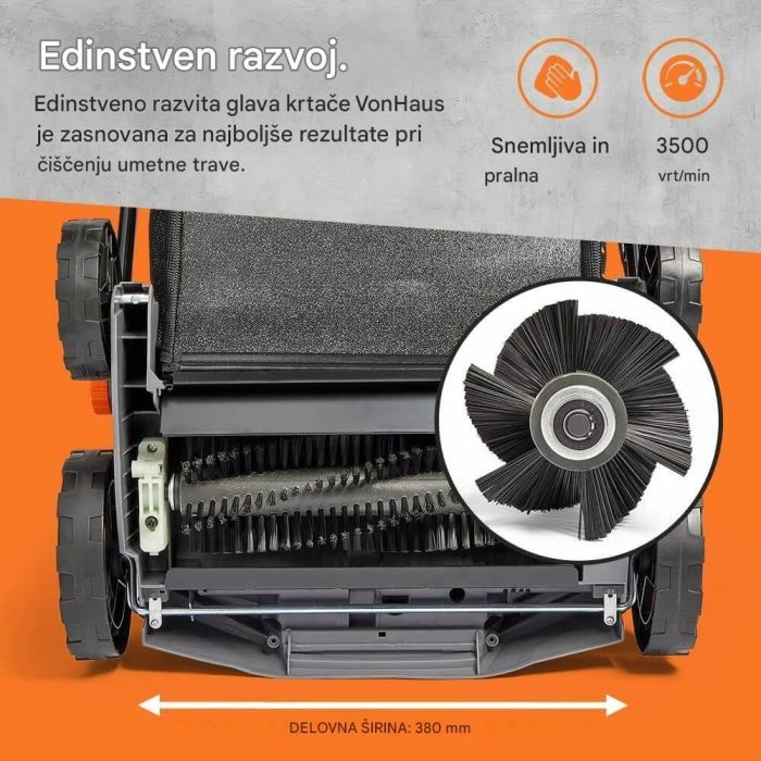 Furçë elektrike për bar artificial VONHAUS 3500326 1800W 38 cm, kabllo 12 m, shportë 45 L, gri/zi