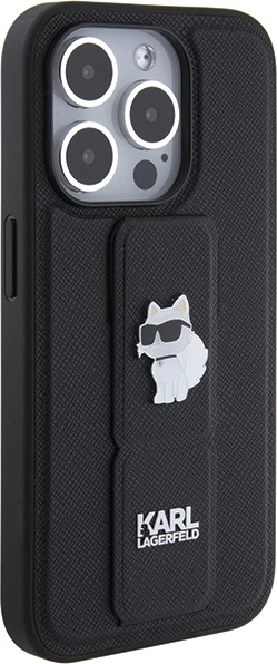 Mbështjellës Karl Lagerfeld Gripstand Saffiano Choupette Pins për iPhone 15 Pro Max, i zi