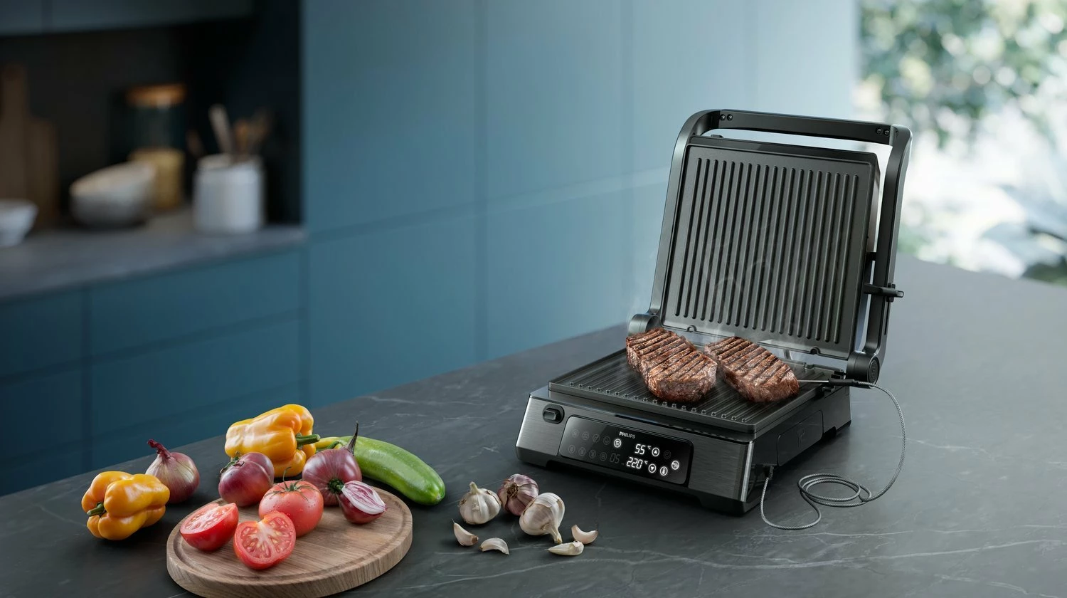 Grill elektrik Philips HD6307/70 2200W kontakt, kontroll temperature, timer, termometër, i zi