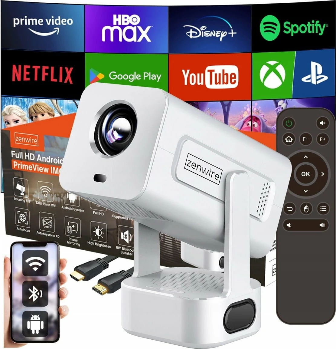 Projektor Zenwire PrimeView IMC360 Full HD, Android 13, WiFi 6, Bluetooth 5.2, 400 ANSI lm, me telekomandë, i bardhë