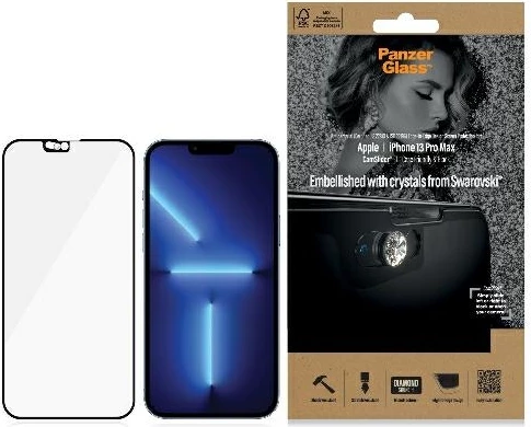 Xham mbrojtës PanzerGlass E2E Microfracture me mbulesë kamere dhe kristal Swarovski për iPhone 13 Pro Max, Kornizë e zezë