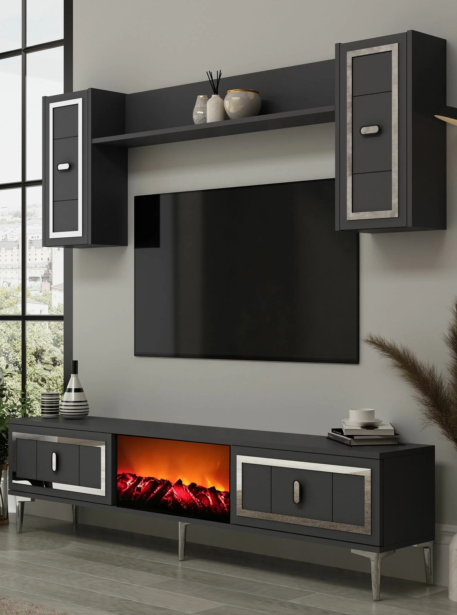 Komodë TV Skye Decor, me oxhak Orion, anthracite dhe argjend