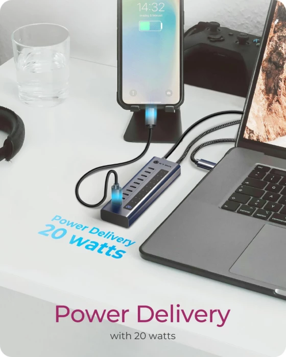Hub USB-C ICYBOX IB-HUB1450-C31 10-port USB 3.2 Gen 2, PD 20W, ekran LED, kabllo e thurur, blu e errët