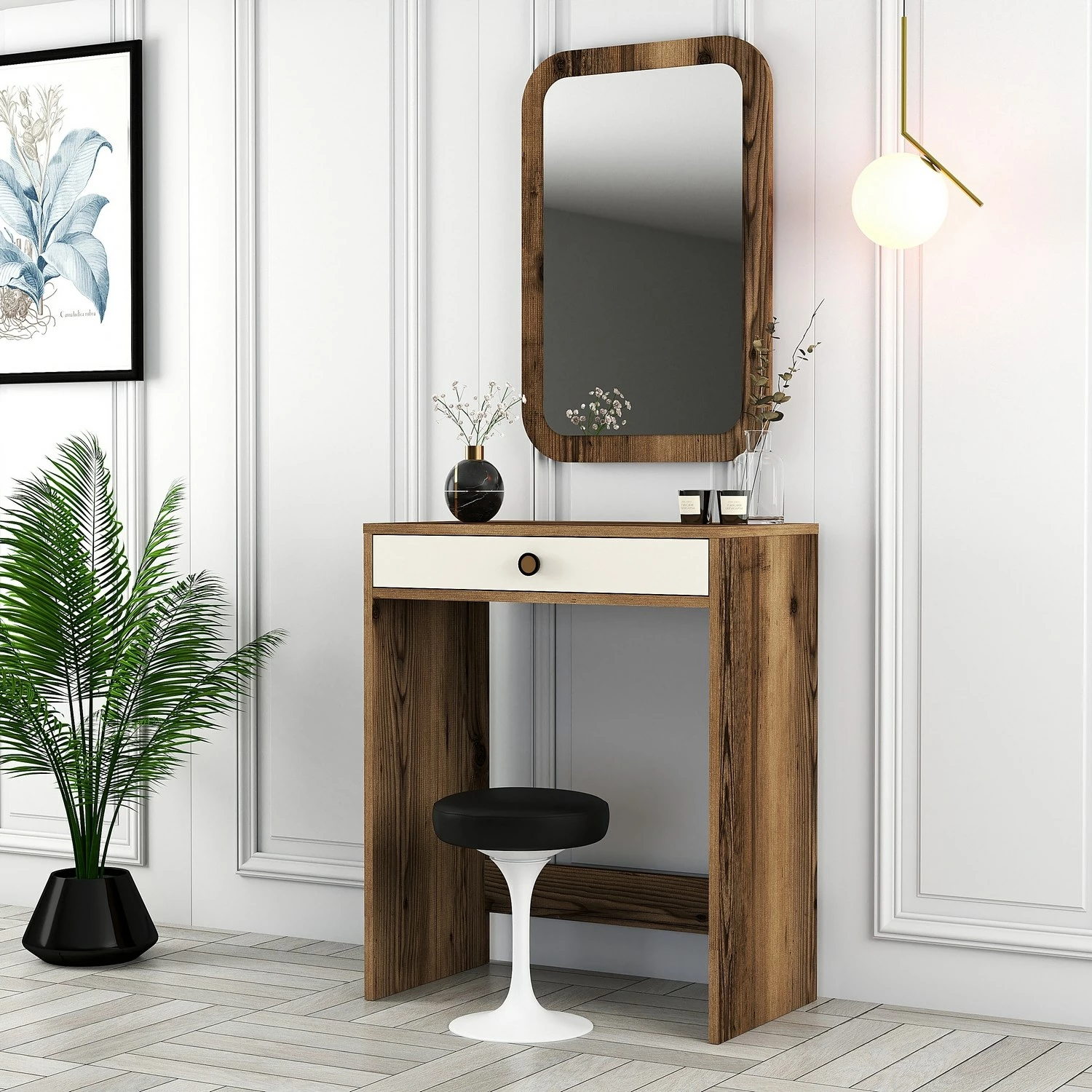 Tavolinë grimi Skye Decor me pasqyrë Lizbon, ngjyrë arre dhe krem