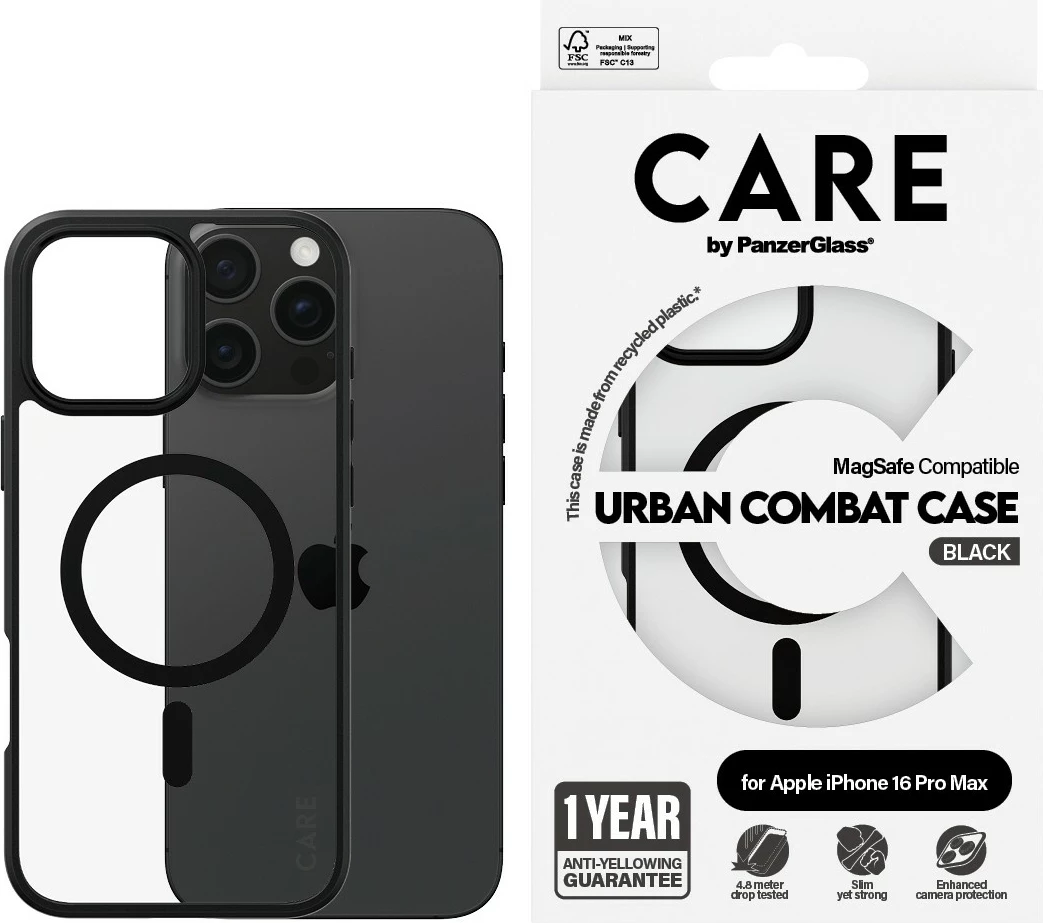 Mbështjellës PanzerGlass CARE Flagship Urban Combat MagSAFE për iPhone 16 Pro Max, transparent/zi
