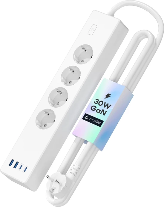 zgjatues prizash smart Meross MSP844SMA-EU, 4 dalje AC + 2x USB-A + 2x USB-C, Matter, Wi‑Fi, PD 30W QC 3.0, 16A 3680W