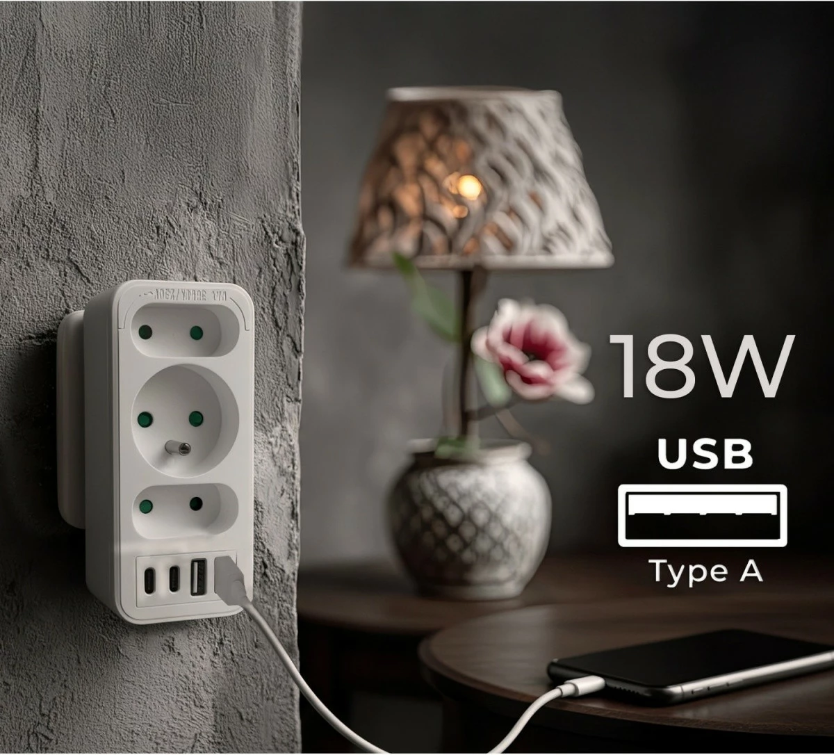 Ndarës prizash Maclean MCE248 F/W, 3 dalje (2 të sheshta + 1 me tokëzim), 2xUSB-A 18W, 2xUSB-C PD 20W, e bardhë