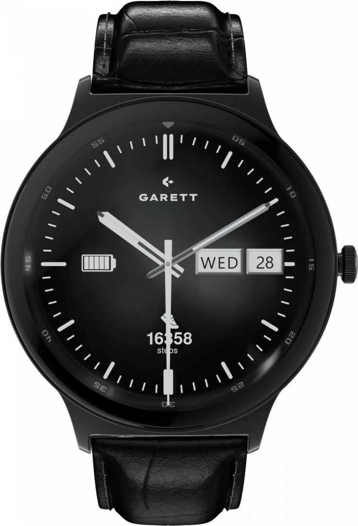 Smartwatch Garett Quantum AMOLED 1.43\" Bluetooth IP68, zi, set me byzylyk çelik + rrip lëkure i zi + dokë karikimi USB